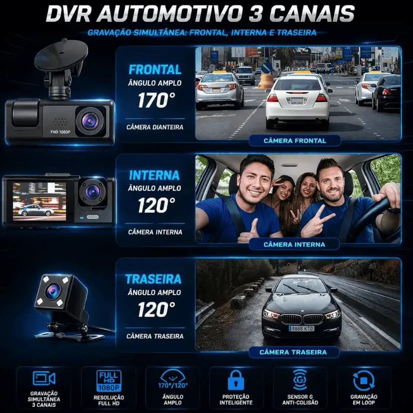 Câmera Veicular Black Box Full HD 3 Canais - Preto